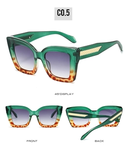 Drei-Ansichten-Display der Cat-Eye-Sonnenbrille mit grünem Leopardenrahmen und Metallakzent