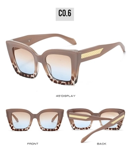 Drei Ansichten der Retro-Cat-Eye-Sonnenbrille mit Leopardenmuster und goldenen Metalldetails