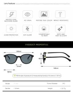 Dimensions détaillées des lunettes de soleil rondes vintage en PC avec protection UV400
