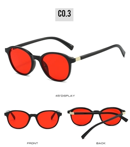 Trois vues de lunettes de soleil rondes rétro noires avec verres rouges et rivets