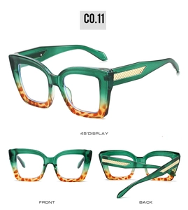 Drei Ansichten der Vintage-Cat-Eye-Sonnenbrille mit grün-bernsteinfarbenem Farbverlauf