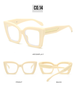 Drei Ansichten der Retro-Cat-Eye-Sonnenbrille in Beige mit metallischen Bügeln