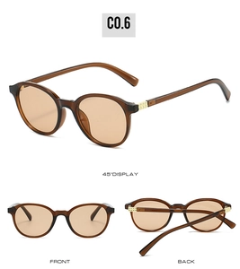 Trois vues de lunettes de soleil rondes vintage marron avec verres orange et détails