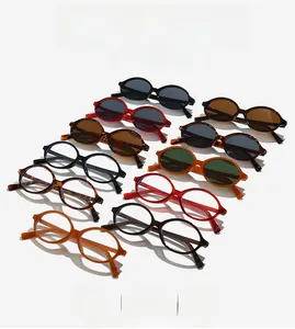 Multiple vintage oval frame sunglasses in various colors displayed in a tiered layout