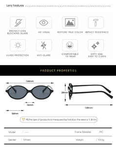 Detailed size specifications for oval retro sunglasses with PC frame measurements