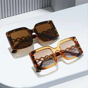Modern square oversized sunglasses with gold metal chain temples in tortoiseshell frames