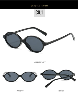 Three-view display of vintage oval black sunglasses showing front, back, and 45-degree angle