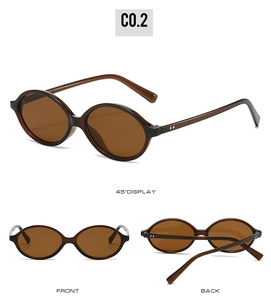 Three-angle view of vintage oval sunglasses with dark brown lenses and tortoiseshell frame