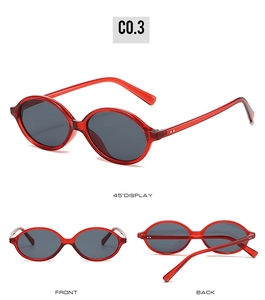 Three-way view of oval retro sunglasses with translucent red frames and smoke lenses