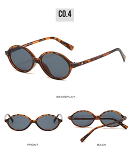 Detailed views of vintage oval sunglasses with leopard tortoise shell frame and grey lenses