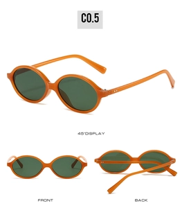 Detailed views of orange oval retro sunglasses with dark green lenses and sturdy hinges