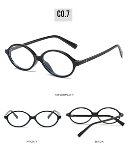 Three perspectives of small oval black retro sunglasses showing front and side views