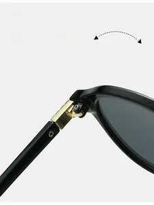 Détail macro de la charnière en métal doré et de la monture noire de ces lunettes