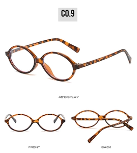 Detail view of tortoiseshell oval glasses showing front, back, and 45-degree angles