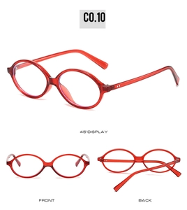 Detailed views of red transparent oval sunglasses with metallic silver hinges from multiple angles