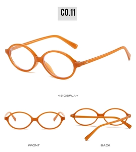 Detailed views of orange oval retro sunglasses showing front, back, and 45-degree angles