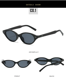 Détails de lunettes de soleil ovales noires avec rivets argentés et verres gris foncé