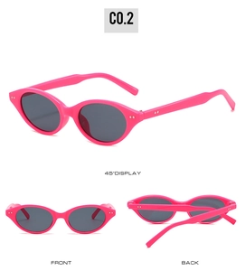Trois vues de lunettes de soleil ovales roses avec verres foncés et style rétro