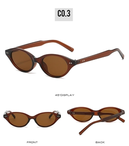 Vue sous trois angles de lunettes de soleil ovales en écaille avec verres marron et rivets