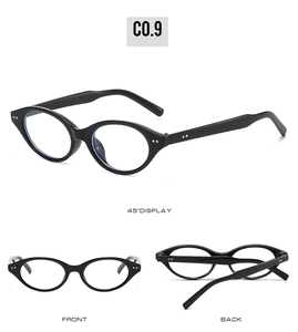 Trois vues de lunettes ovales noires anti-lumière bleue sous les angles avant, arrière et 45°