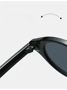 Gros plan détaillé des charnières robustes sur lunettes de soleil ovales noires UV