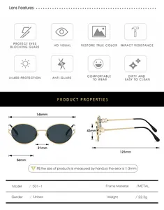 Size guide for round metal sunglasses showing 146mm width and UV400 lens specifications
