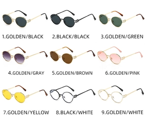 Collage showing various color options of vintage round metal frame sunglasses and eyewear