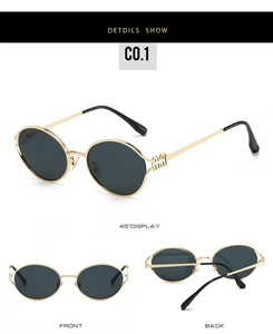 Detailed views of round gold metal sunglasses with dark lenses and hollow temple geometry