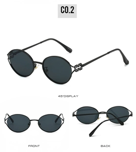 Detailed multi-angle views of black round metal sunglasses with wavy temple design