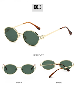 Three perspectives of retro round metal sunglasses in gold finish with dark green lenses