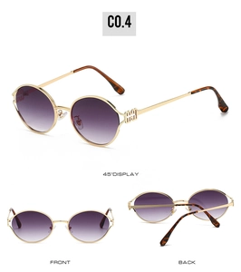 Detailed views of gold metal round sunglasses with purple gradient lenses and tortoiseshell tips