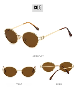 Three-angle view of vintage round gold metal sunglasses with hollow side details