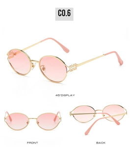 Three-angle view of round gold metal sunglasses with pink gradient lenses and side cutouts