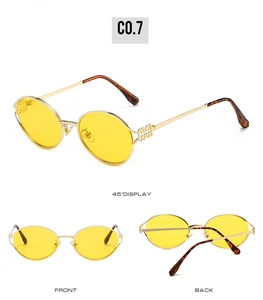 Multi-angle view of vintage round gold metal sunglasses with yellow lenses and H-detail