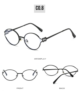 Three-angle view showing metal frame details and stepped hinge of round black sunglasses