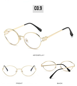 Detailed views of round gold metal sunglasses with ornate hinges and black ear tips