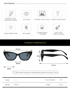 Detailed size guide and specifications for unisex cat eye sunglasses with UV400 protection