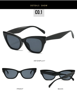 Detailed multi-angle views of black cat-eye sunglasses with dark grey lenses