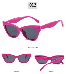 Three views of pink cat eye sunglasses with grey lenses, showing front, back, and 45-degree angle