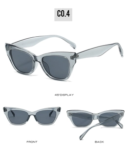 Detailed views of grey cat-eye sunglasses with 45-degree, front, and back perspective