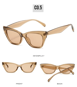 Three-view display of cat eye sunglasses in translucent amber frame from different angles