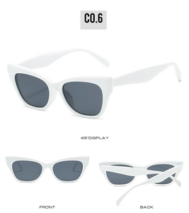 Three-angle display of white cat eye sunglasses with gray lenses in front and side views