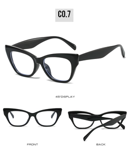 Detailed views of glossy black cat-eye frames showing front, back, and 45-degree angles