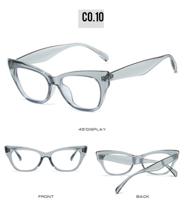 Detailed views of translucent grey cat-eye sunglasses frames from front and side angles