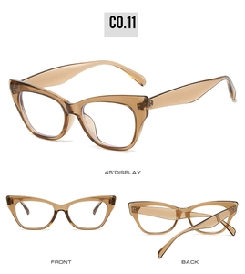 Detailed views of transparent amber cat-eye glasses frames with durable metal hinges