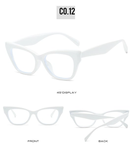 Front and back views of white cat-eye sunglasses with thick frames and model C0.12 detail