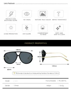 Detailed size chart for aviator sunglasses with frame dimensions and specifications