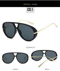 Three views of black aviator sunglasses with gold metal temples and dark gray lenses