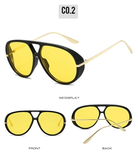 Three views of pilot sunglasses with yellow lenses and black frames with gold temples
