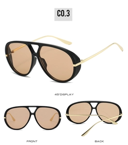 Detailed views of aviator sunglasses with black frame and golden temples in various angles